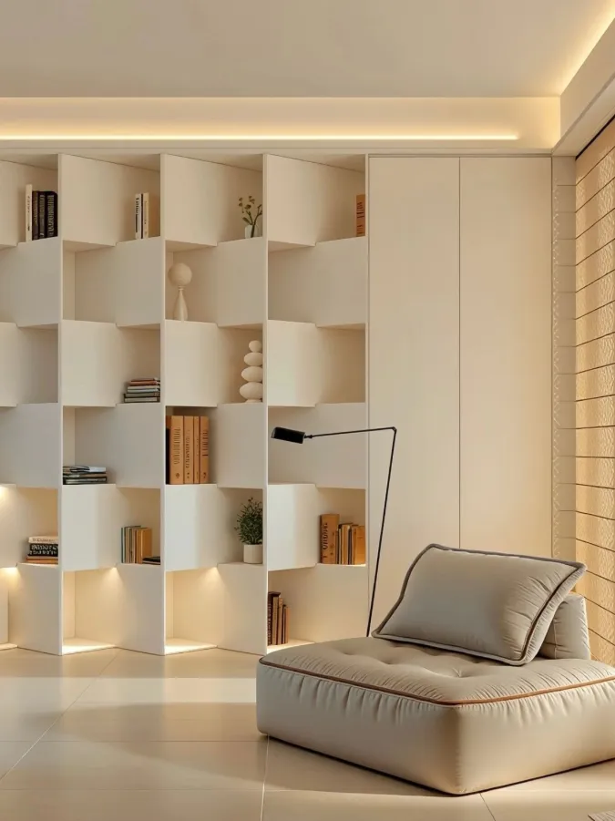 Bespoke sculptural shelving joinery with warm cove lighting interior design Dubai UAE