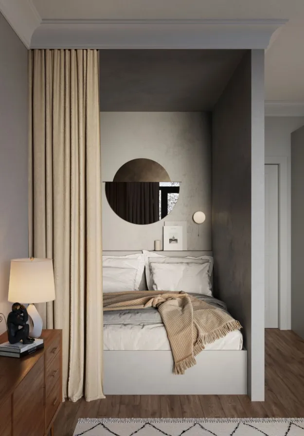 Compact bedroom nook interior design Budapest curtain partition round mirror soft neutrals