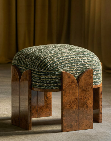 Sculptural pouf with burl wood legs and woven top curated collectible furniture selection