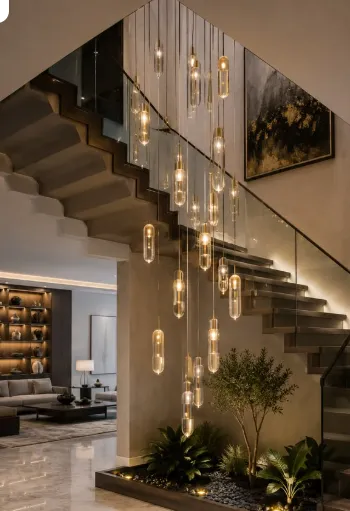 Double-height entrance hall with cascading glass pendant chandelier and floating staircase