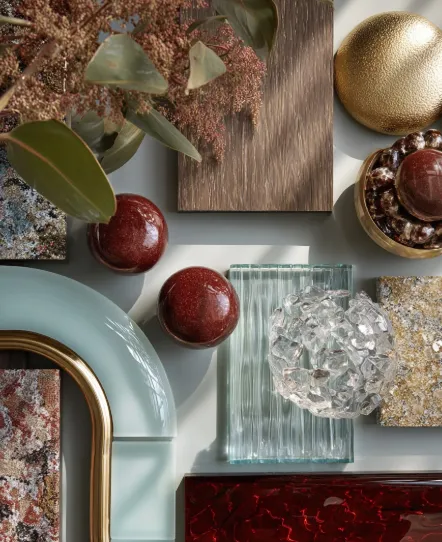Curated moodboard of stone glass brass and textile samples material selection interior design studio
