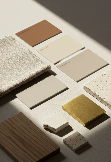 Clay and cream swatches travertine brass and oak samples studio material moodboard