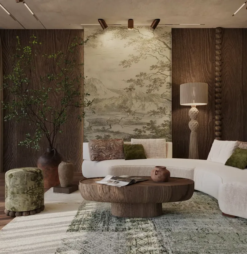 Modern majlis with curved cream seating walnut walls and landscape mural luxury villa interior Jeddah